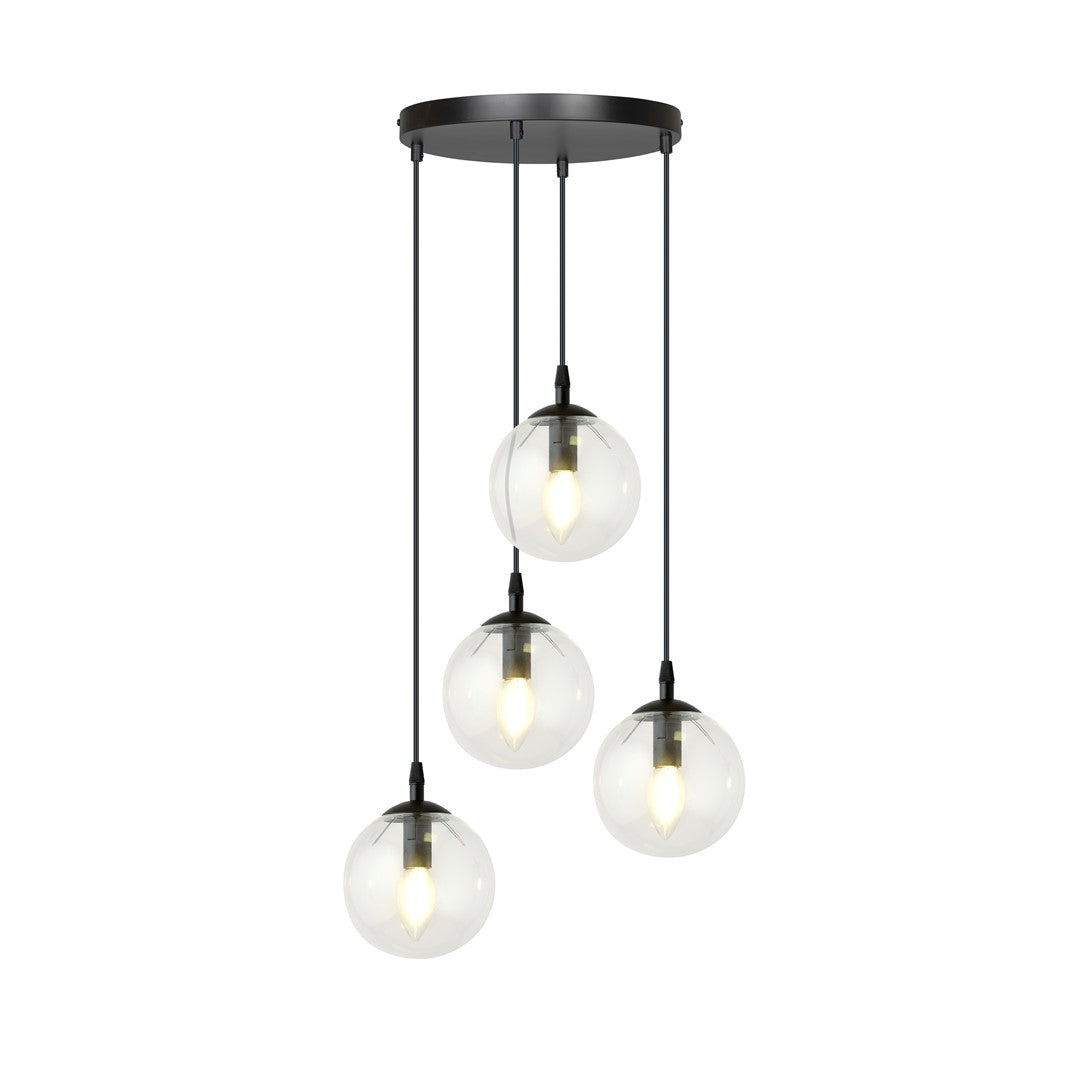 Cosmo 4-light pendant, black, transparent glass