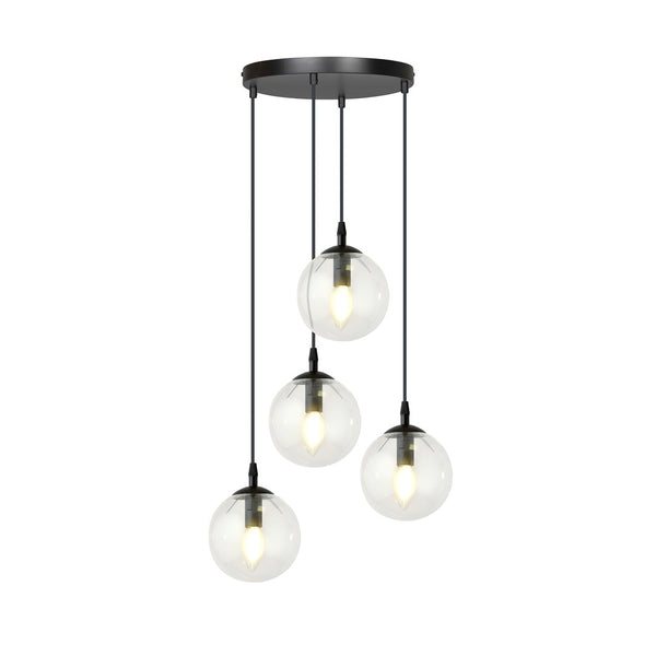 Cosmo 4-light pendant, black, transparent glass