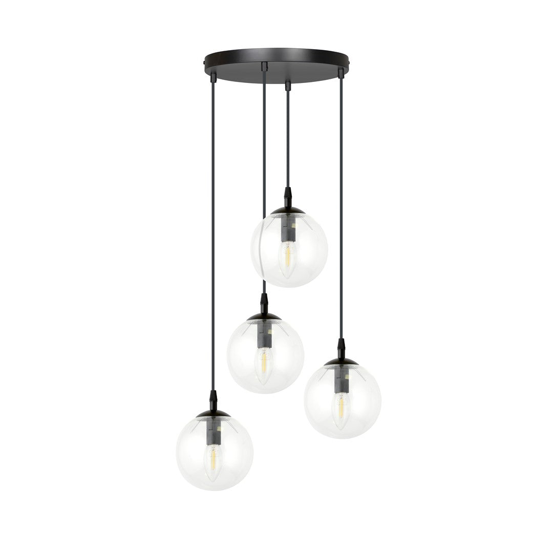 Cosmo 4-light pendant, black, transparent glass