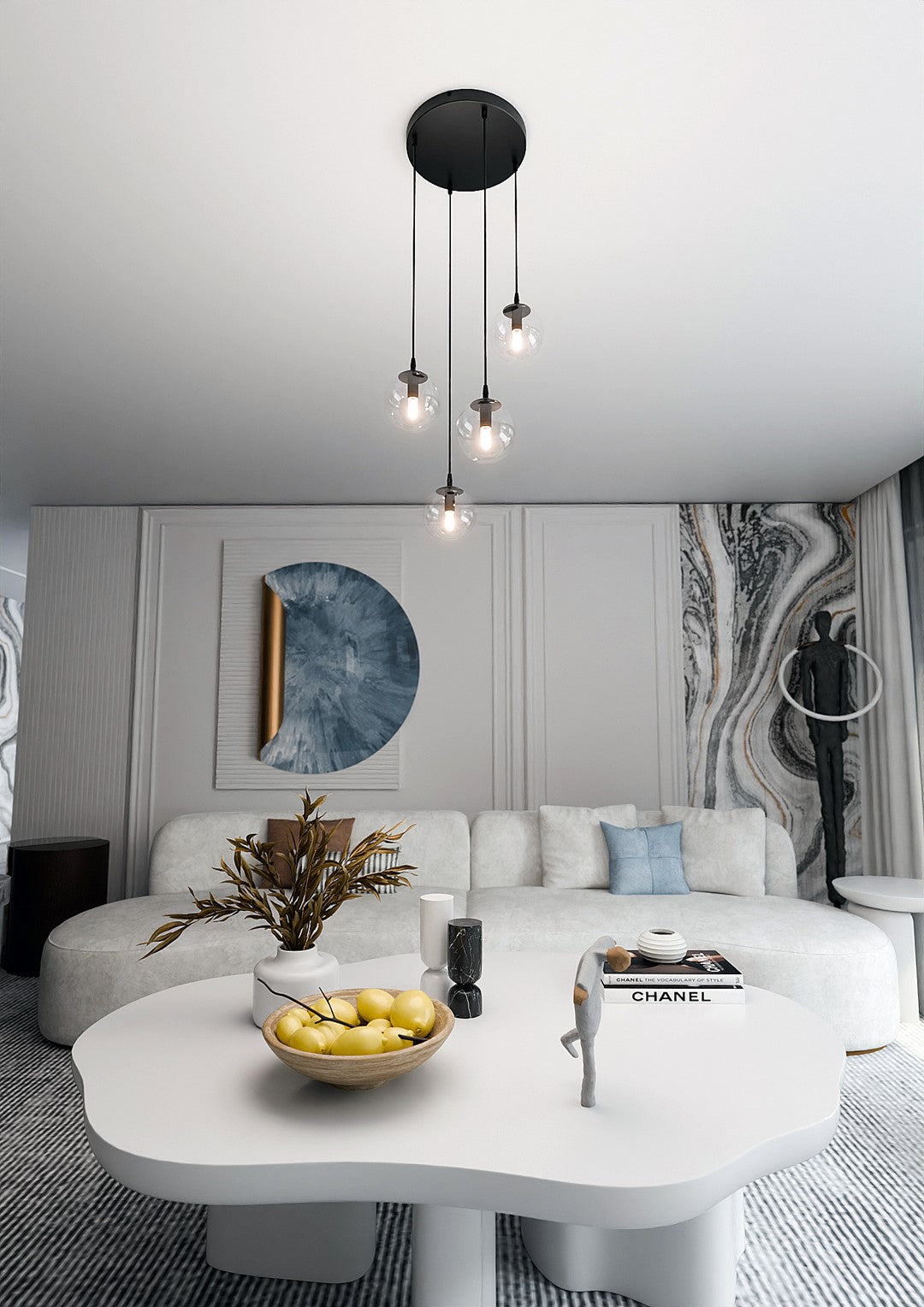 Cosmo 4-light pendant, black, transparent glass
