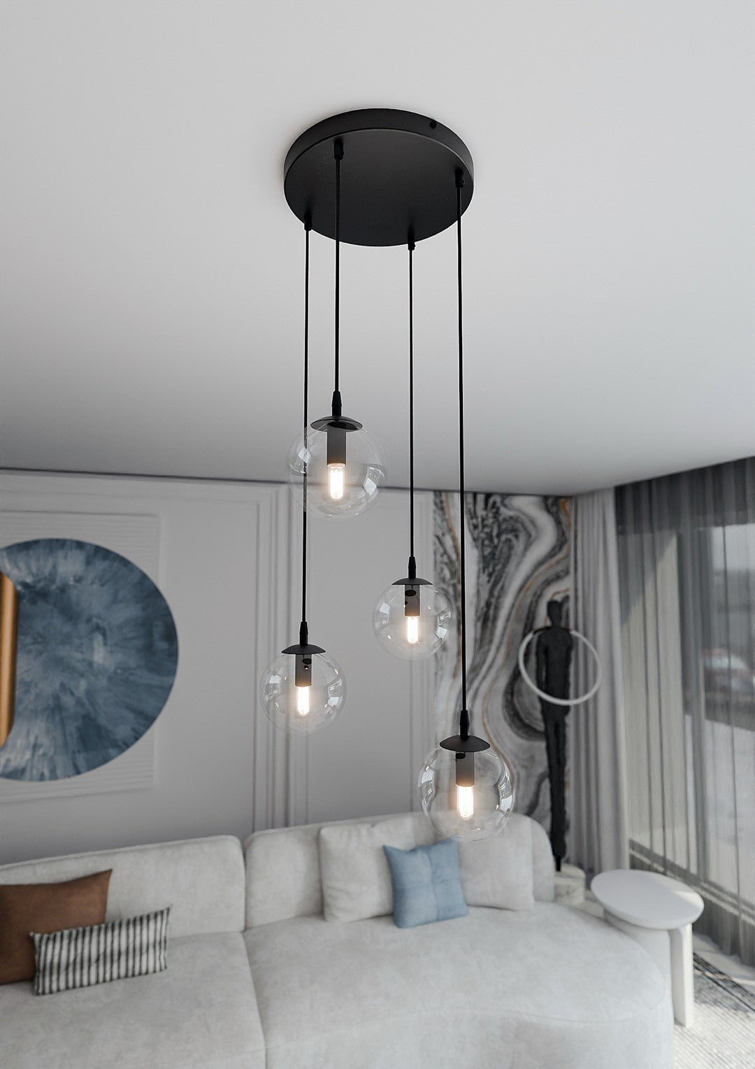 Cosmo 4-light pendant, black, transparent glass