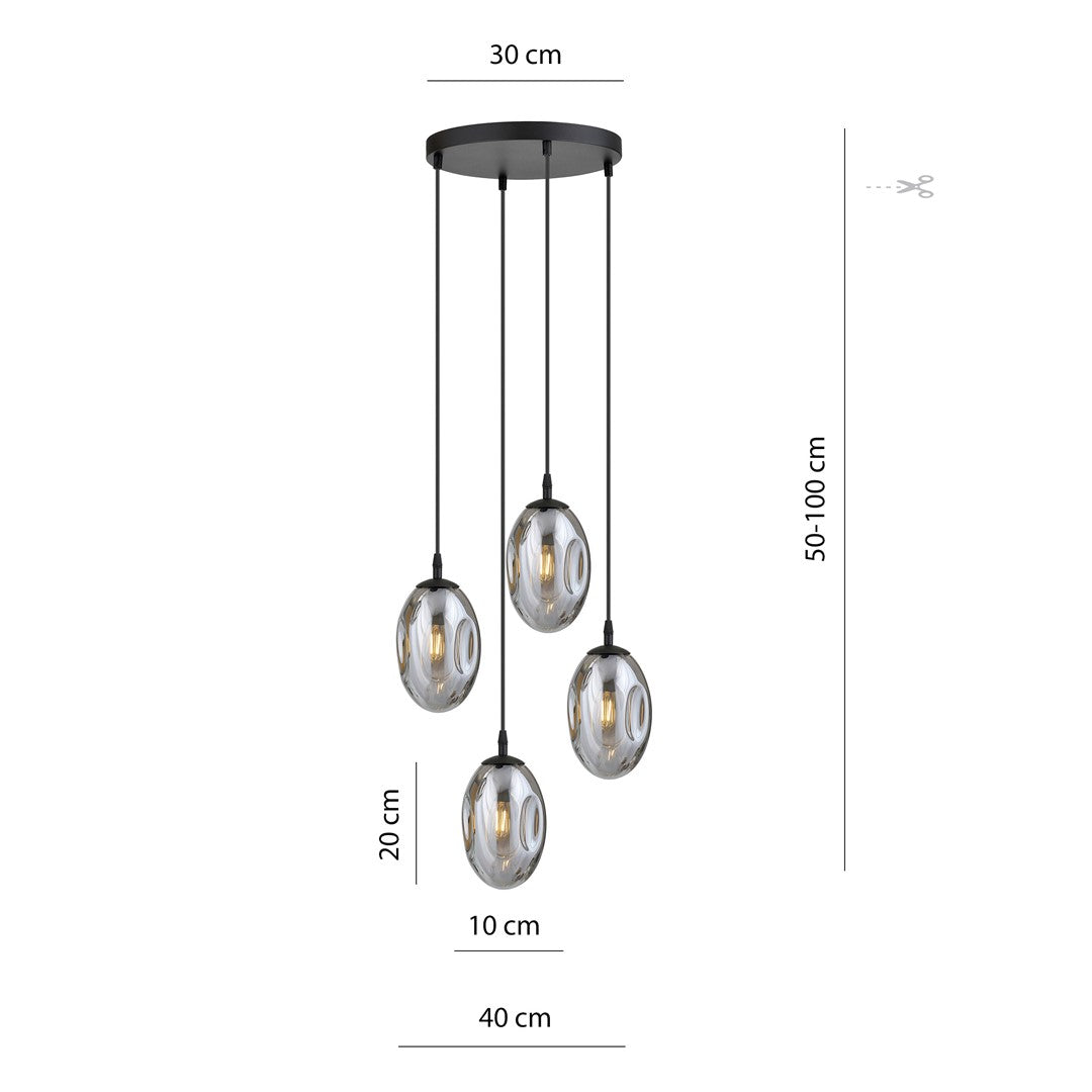 Astral 4-light pendant, black, graphite glass