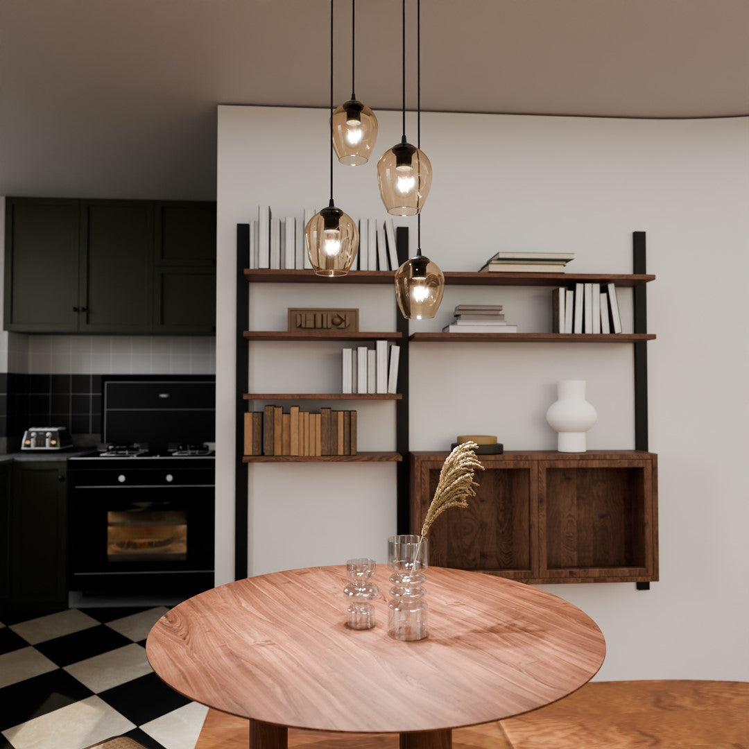 Istar 4-light pendant, black, amber glass