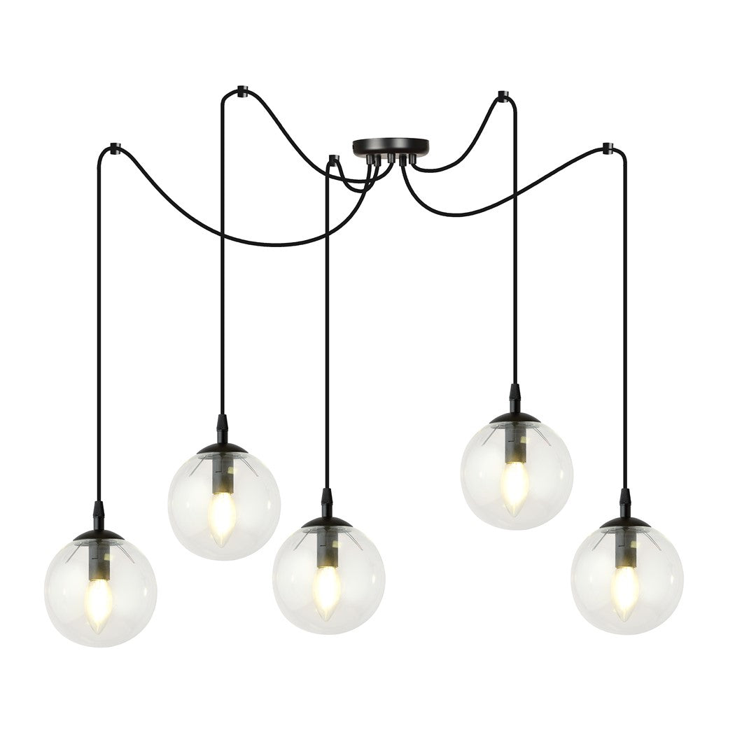 Suspension noire à cinq globes en verre transparent, vue de face sur fond blanc