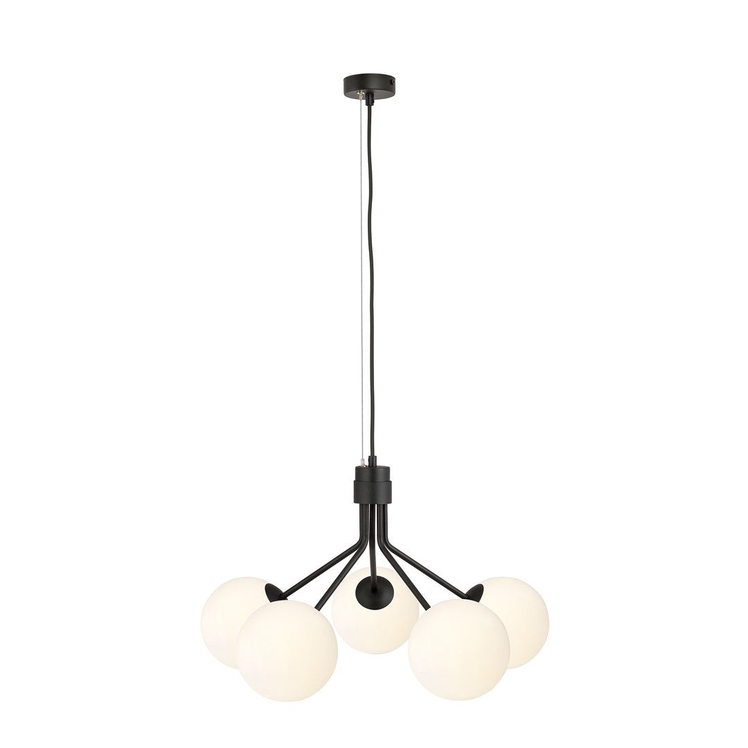 Nova 5-light pendant, black, opal glass