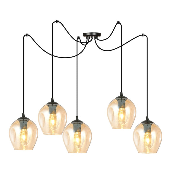 5-light pendant light, black, amber glass