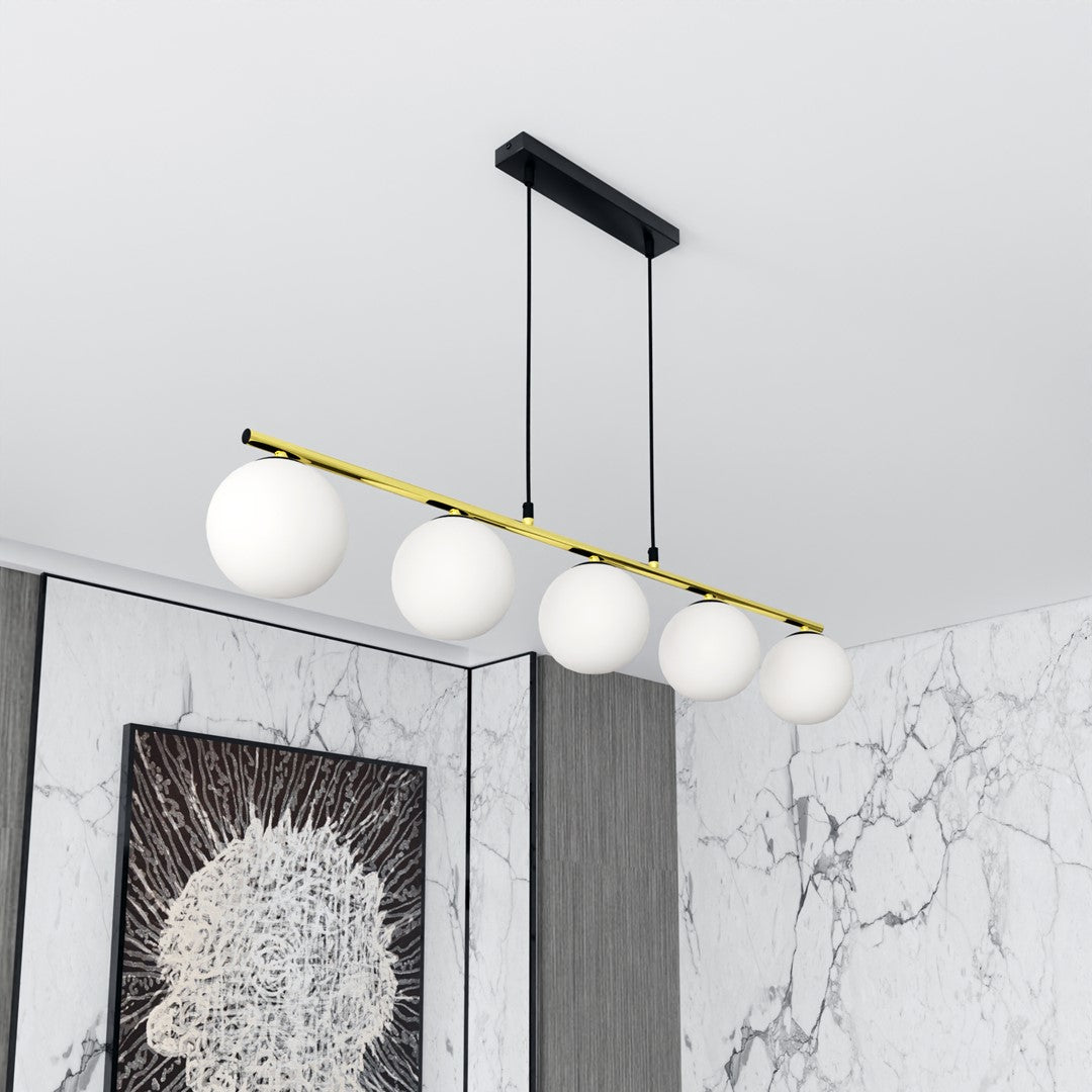 Allora 5-light pendant, black, opal glass