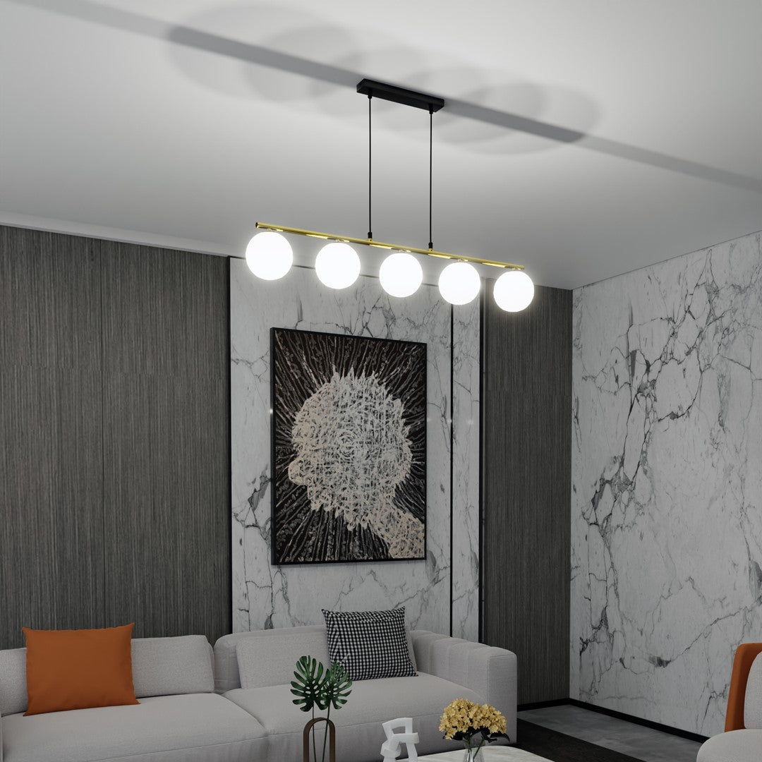 Allora 5-light pendant, black, opal glass