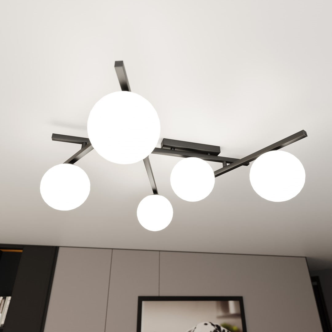 5-light smart ceiling light black, opal glass