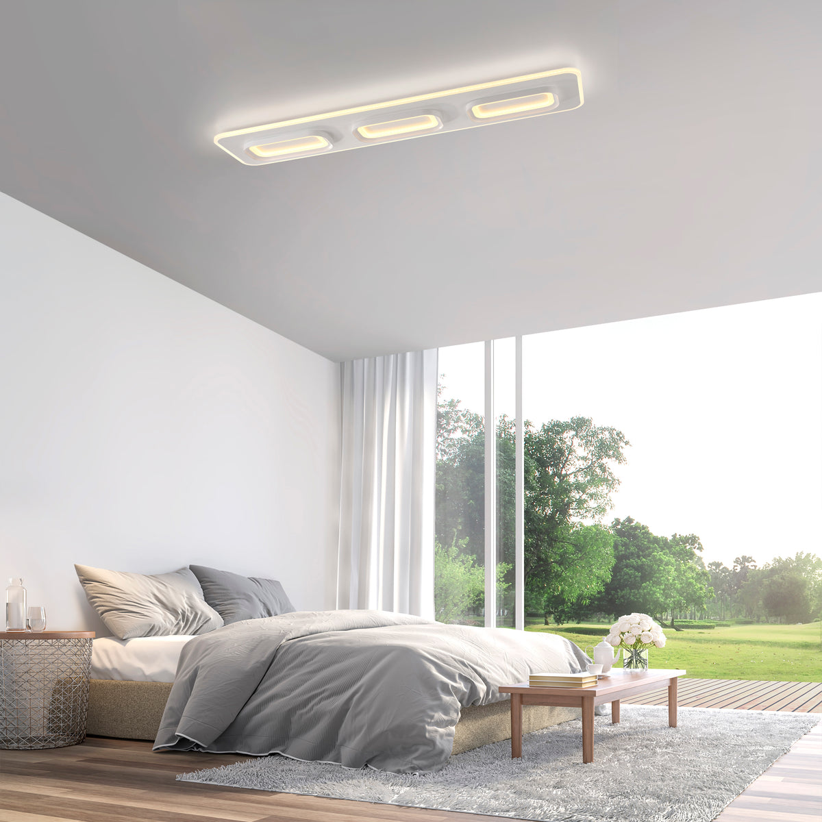 Mise en ambiance dans une chambre, plafonnier fixé au plafond au-dessus du lit