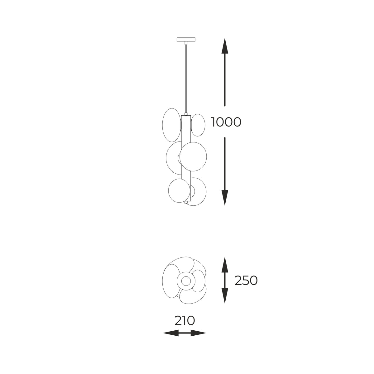 Schéma coté du luminaire : hauteur 1000 mm et diamètre 210 mm