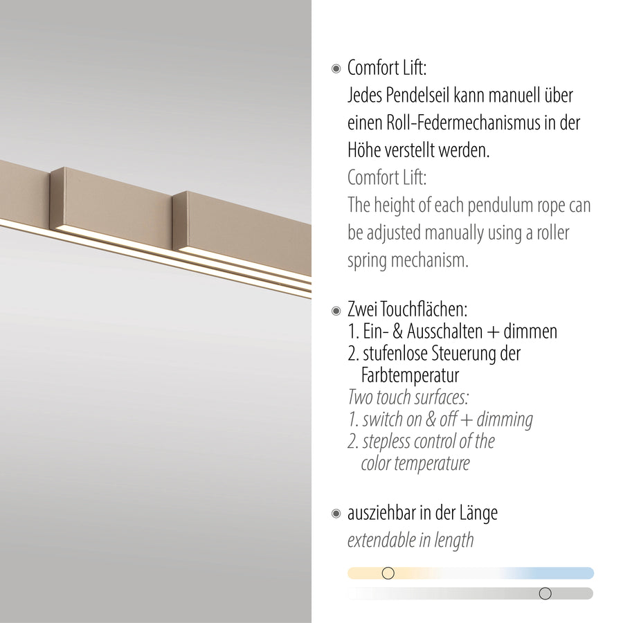 Détail de la barre lumineuse et texte sur le réglage Comfort Lift et les touches tactiles.