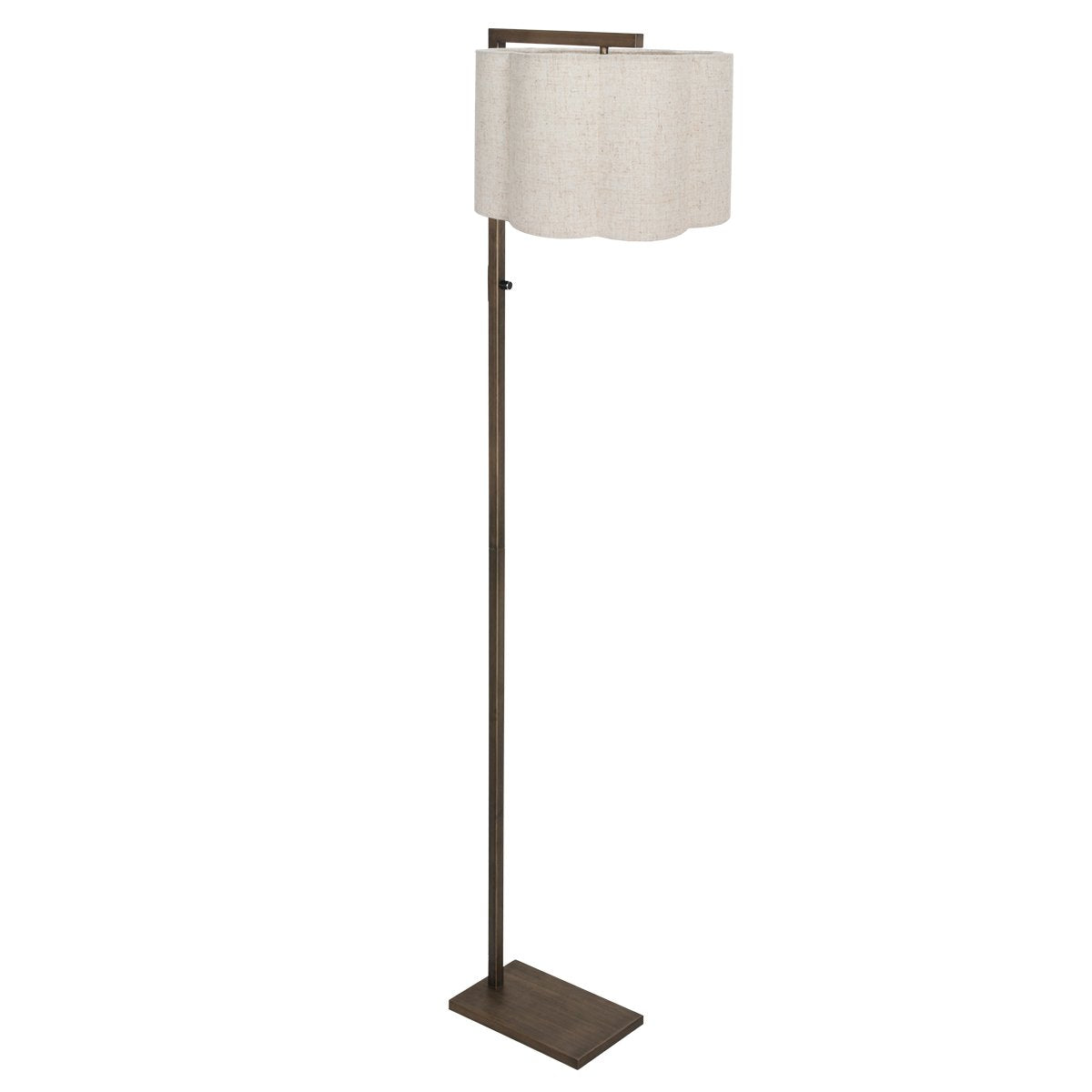 Lampadaire à pied bronze, abat-jour crème festonné, base rectangulaire, vu de face sur fond blanc.