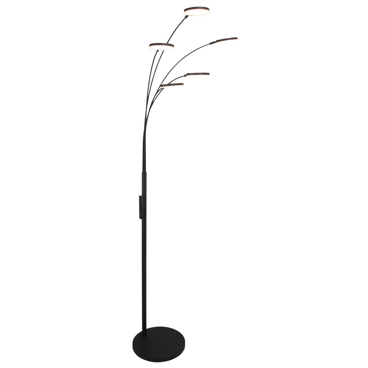 Lampadaire noir de face à cinq bras courbes et diffuseurs ronds.