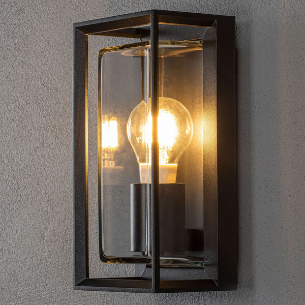 Applique d'extérieur Brindisi en verre, noir et transparent, hauteur 26 cm, IP54, 20 W, largeur 13 cm