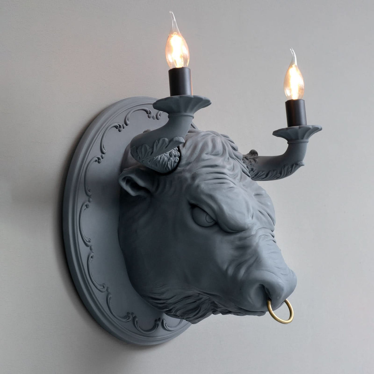 Applique murale Corrado en laiton, gris mat, 2 lumières, Ø 40 cm