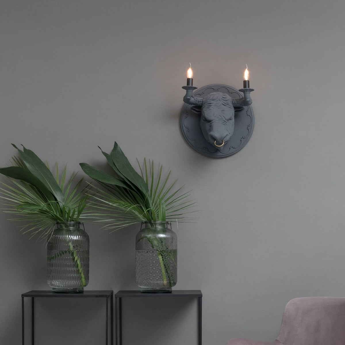 Applique murale Corrado en laiton, gris mat, 2 lumières, Ø 40 cm