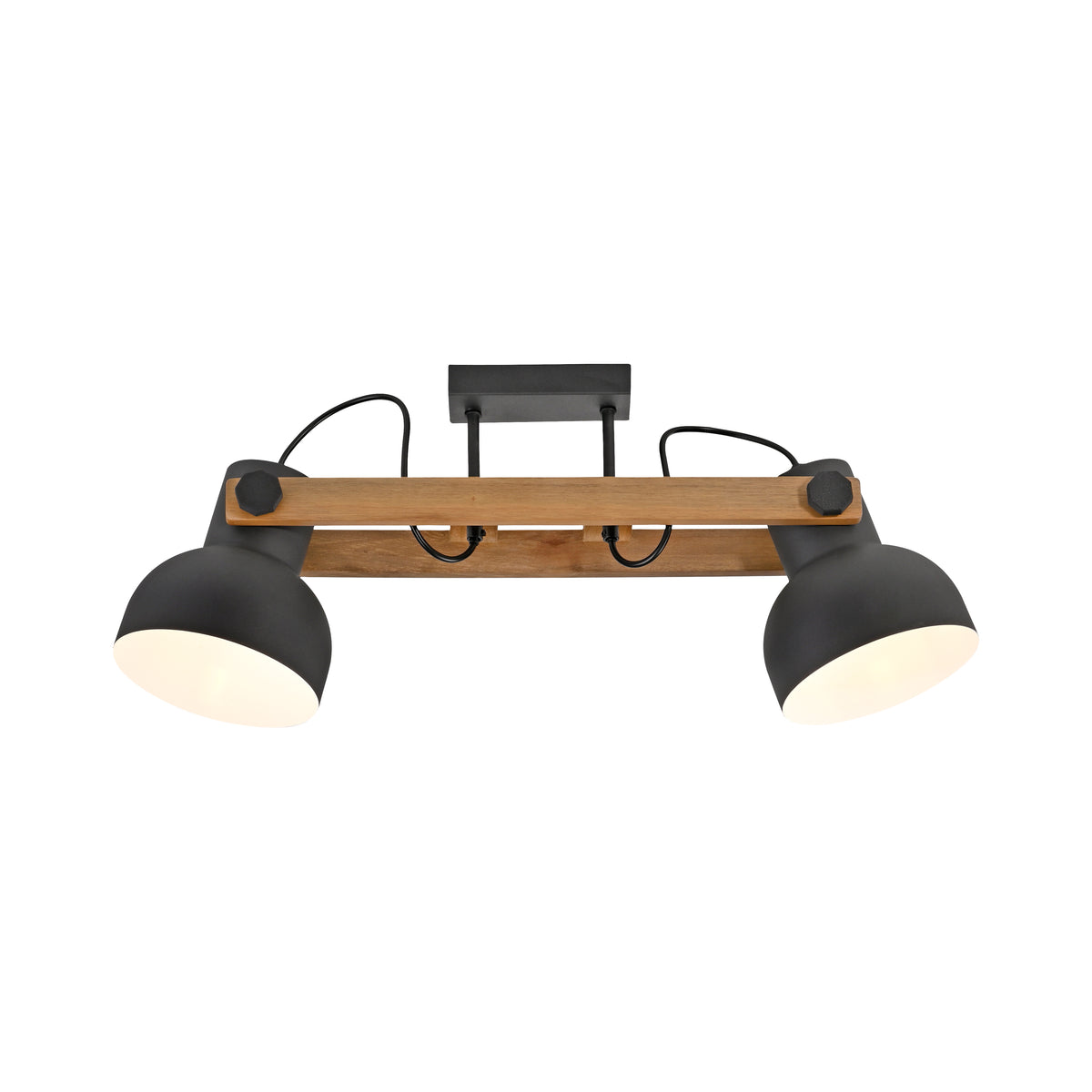 Vue de face sur fond blanc, structure bois et deux coupelles noires orientables