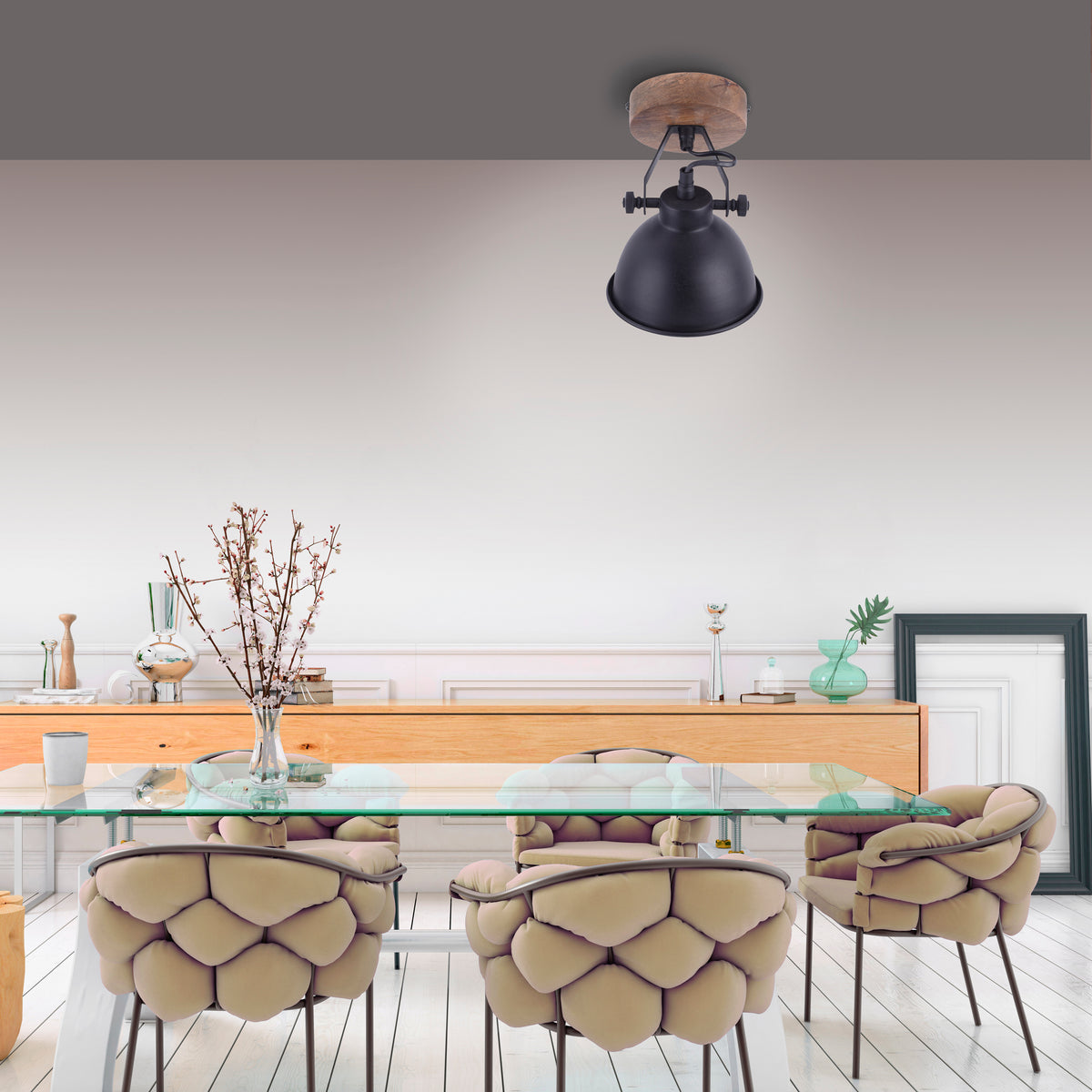 Mise en ambiance au-dessus d'une table de salle à manger, illustrant le rendu du plafonnier.