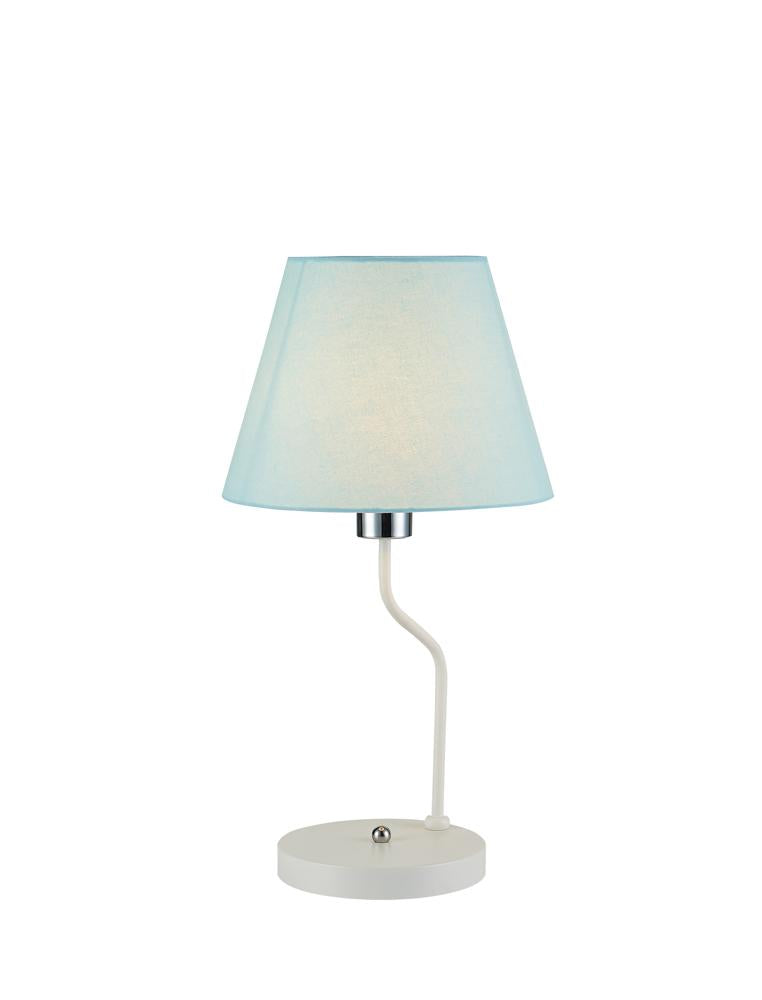Lampe à poser blanche vue de face, abat-jour conique en tissu et pied métallique galbé