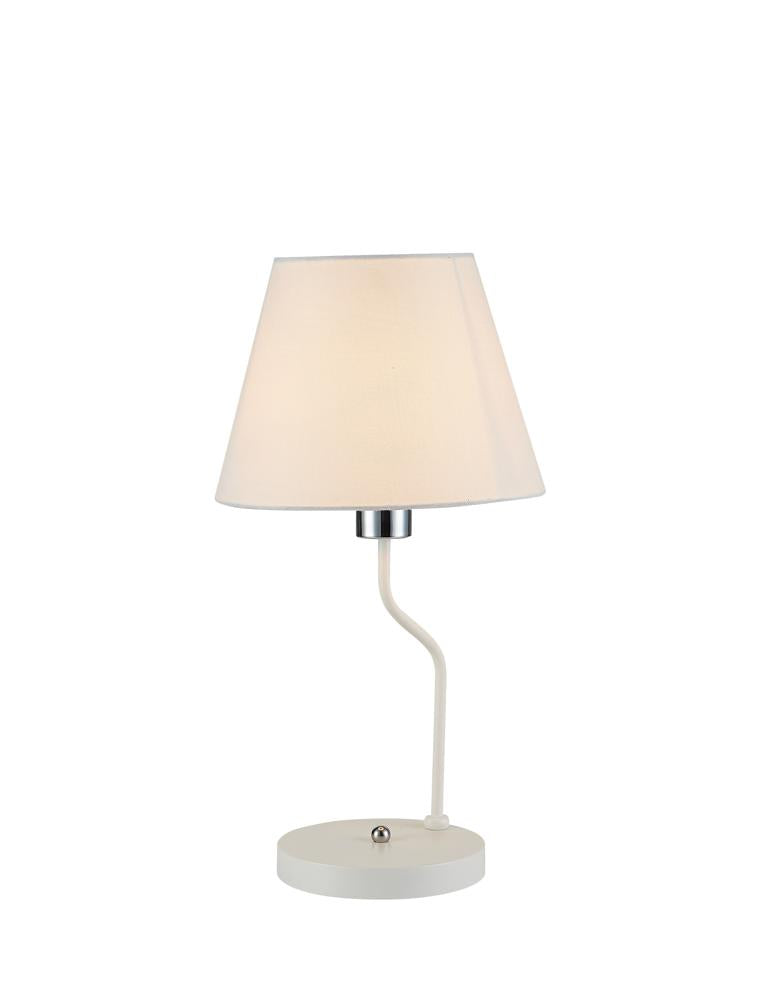 Lampe à poser blanche de face sur fond blanc, abat-jour conique en tissu