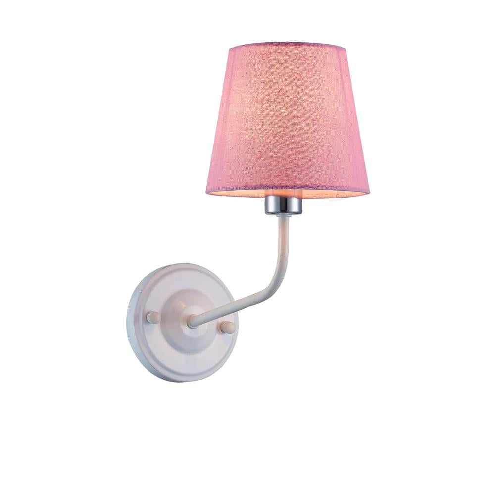 Applique murale blanche avec abat-jour rose en tissu, vue de face sur fond blanc