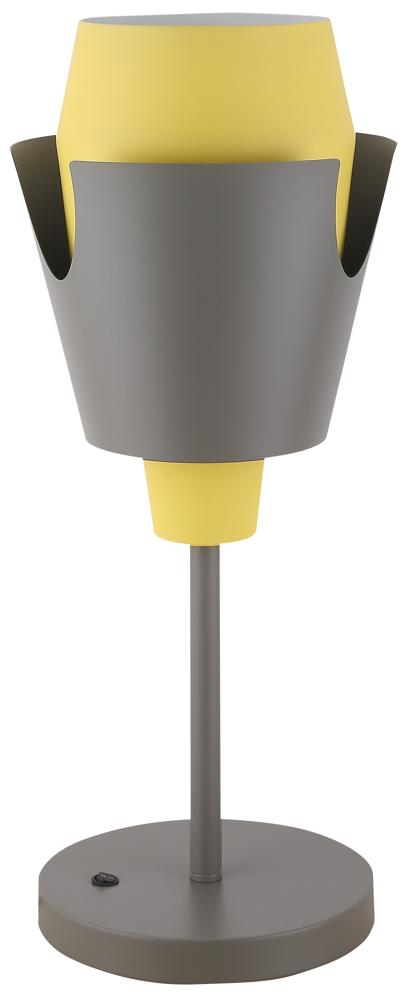 Lampe à poser jaune et grise présentée de face sur fond blanc