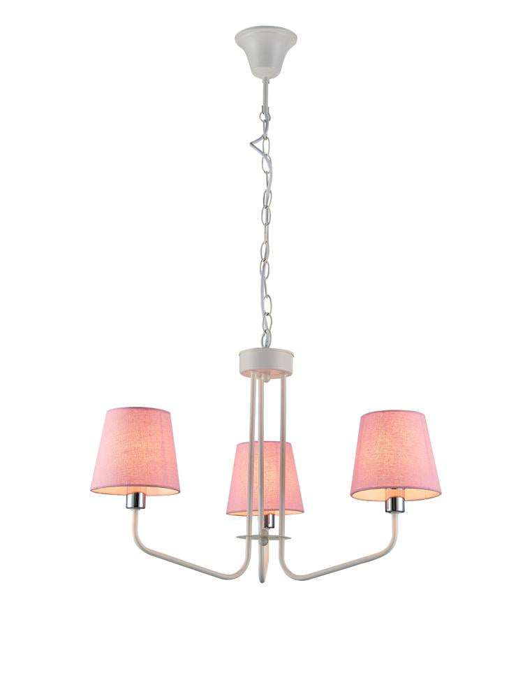 Lustre trois lumières sur fond blanc, abat-jours roses en tissu, structure métal blanc