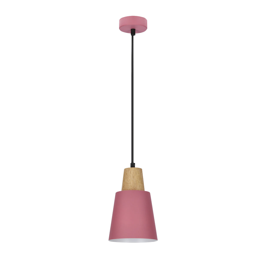 Suspension rose poudré sur fond blanc, abat-jour conique et haut en bois clair