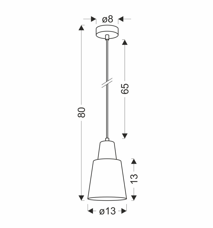 Schéma technique coté : hauteur 80 cm, câble 65 cm, abat-jour Ø13 cm