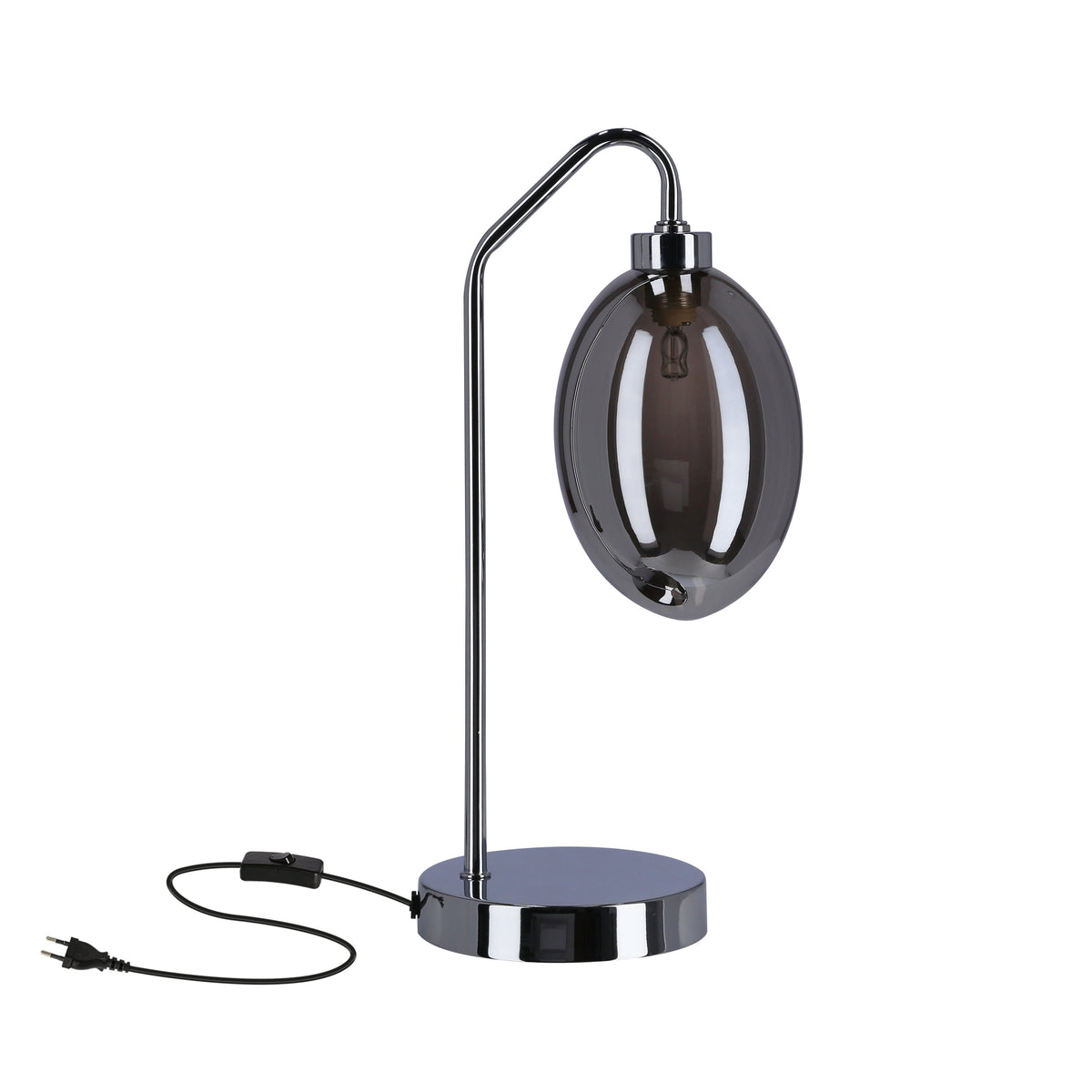 Lampe à poser de face sur fond blanc, abat-jour verre ovale fumé et tige chromée