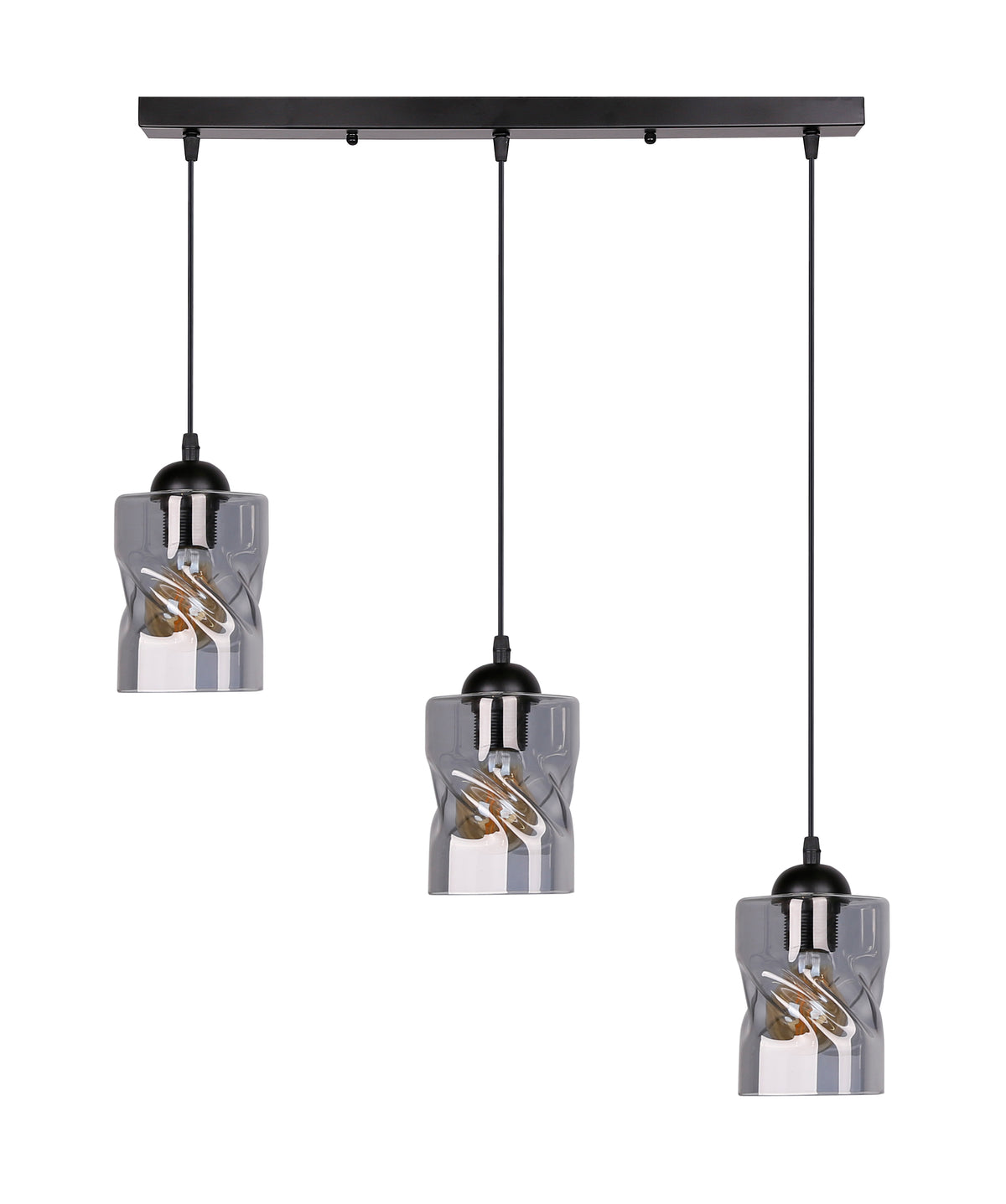 Suspension noire à trois verres cylindriques fumés suspendus sous une barre rectangulaire