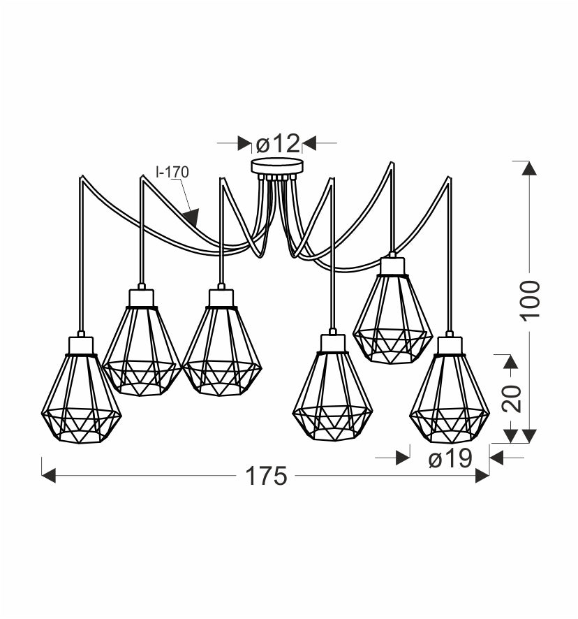 Schéma technique avec cotes : hauteur 100 cm, largeur 175 cm et diamètre abat-jour 19 cm.