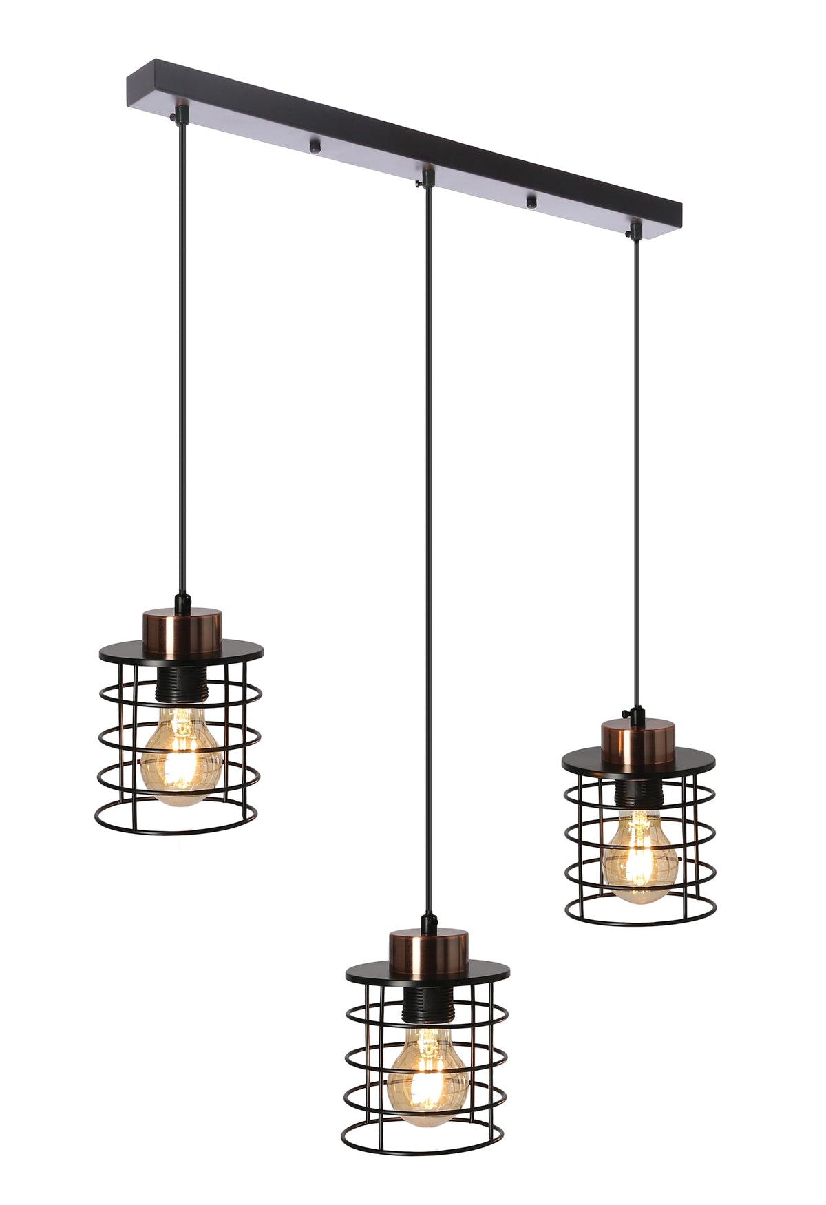 Suspension trois lumières vue de face, cages métalliques noires et détails cuivrés dorés