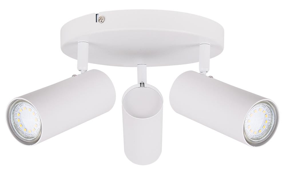 Plafonnier blanc trois spots cylindriques orientables sur base ronde, fond blanc.