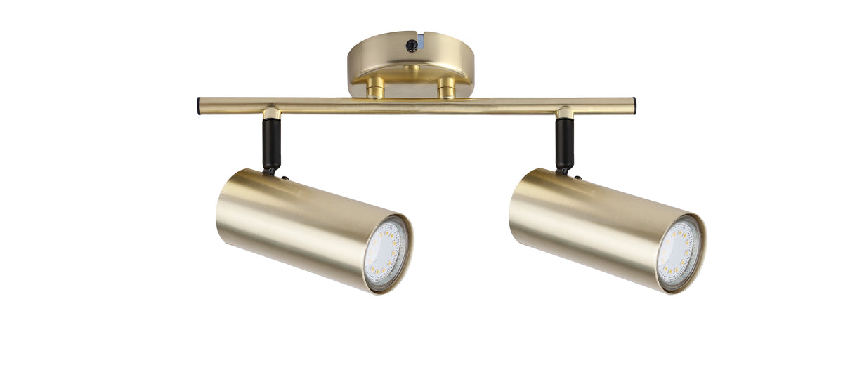 Vue de face du plafonnier laiton avec deux projecteurs cylindriques orientables sur support linéaire.