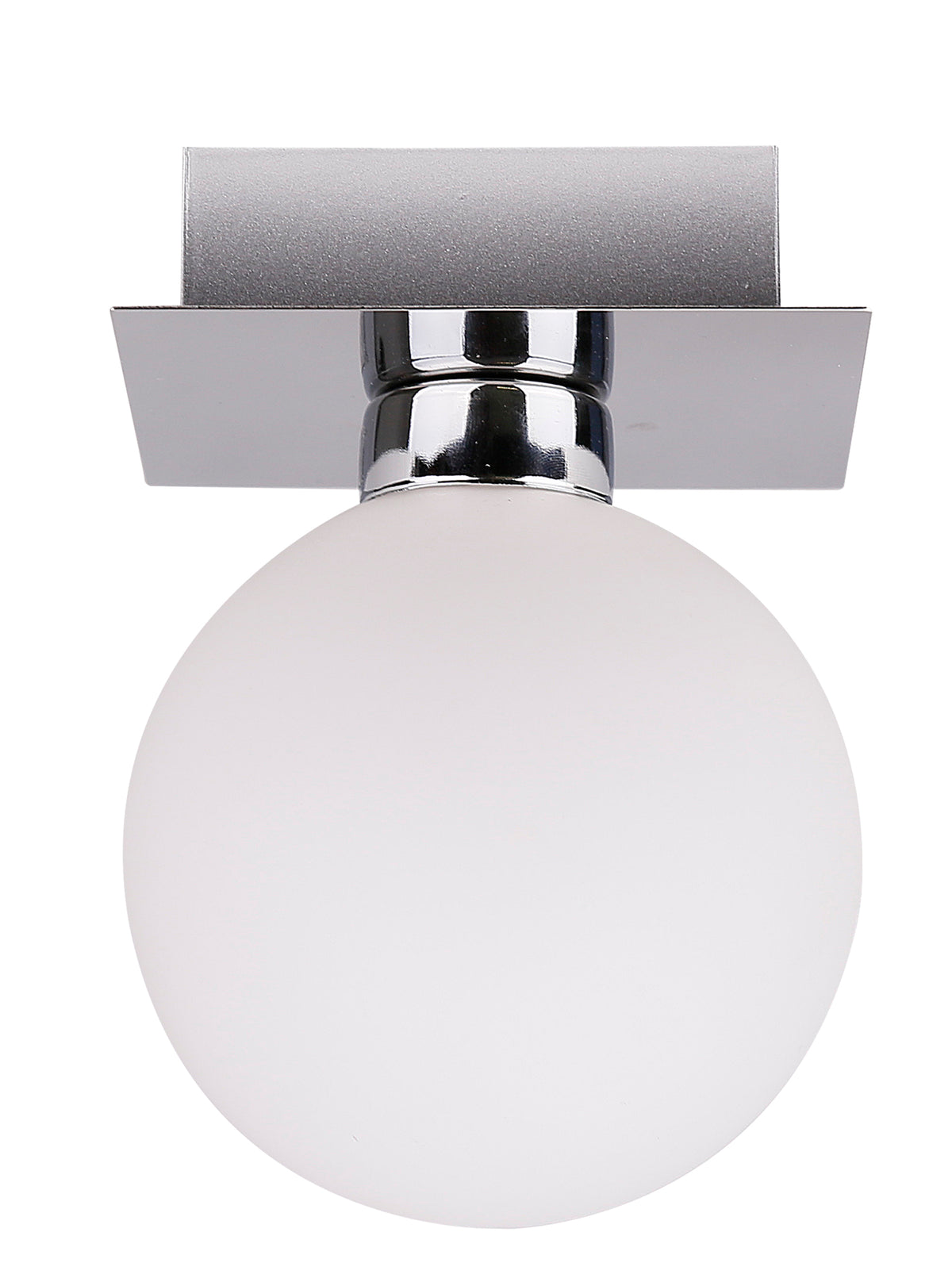 Plafonnier de face, globe de verre opalin blanc sur support chromé