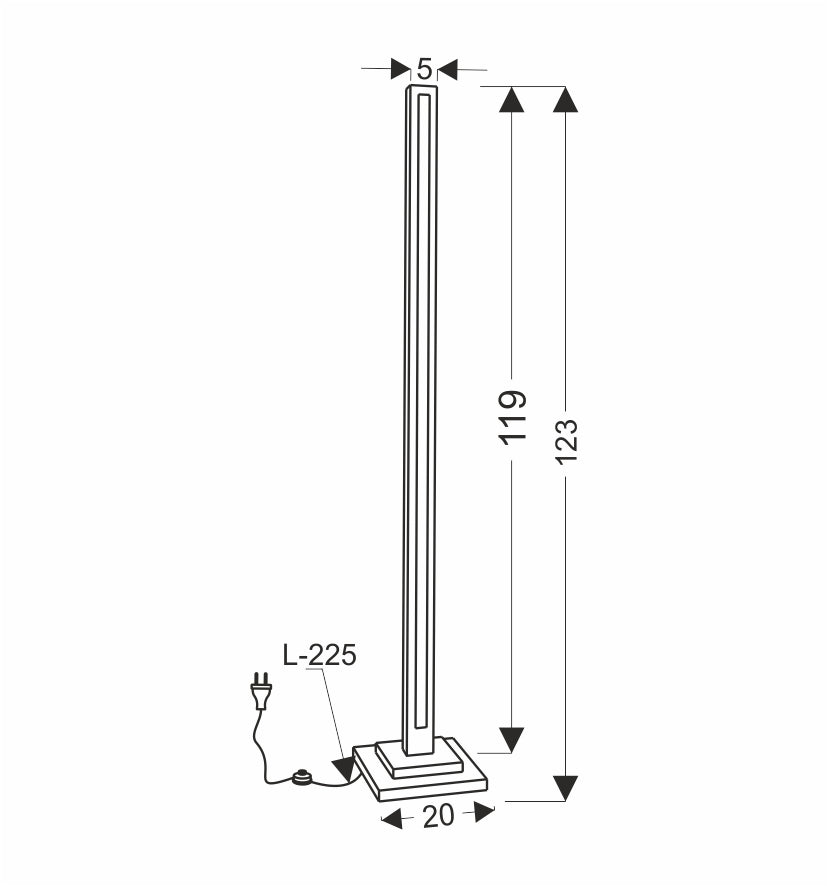 Schéma de dimensions du lampadaire : hauteur 123 cm et base de 20 cm