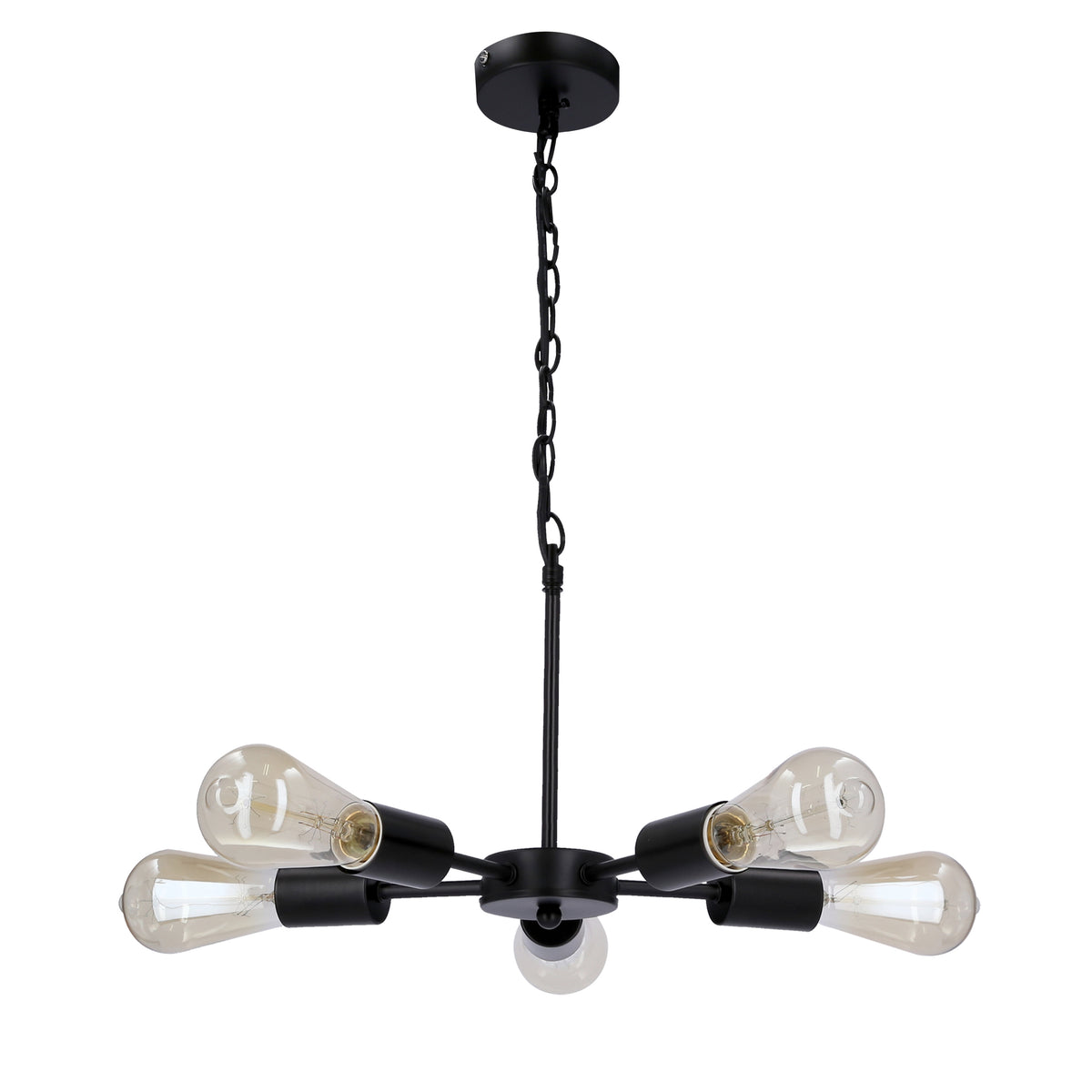 Suspension noire à cinq bras, ampoules apparentes, chaîne et coupelle, fond blanc