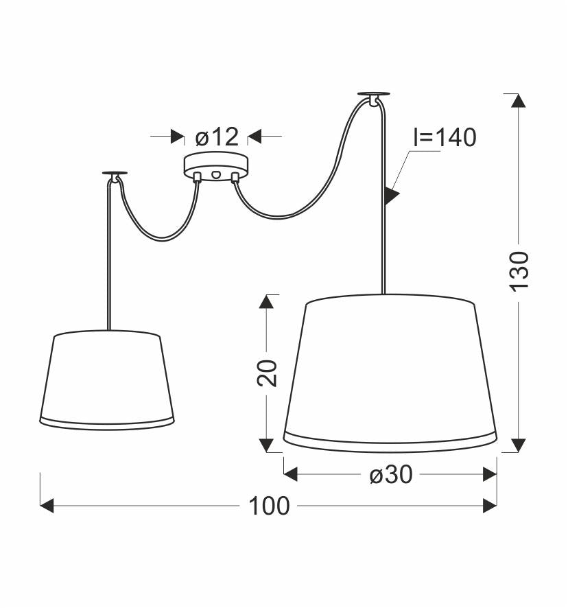 Schéma de dimensions du luminaire avec largeur 100 cm, hauteur 130 cm et diamètre 30 cm.