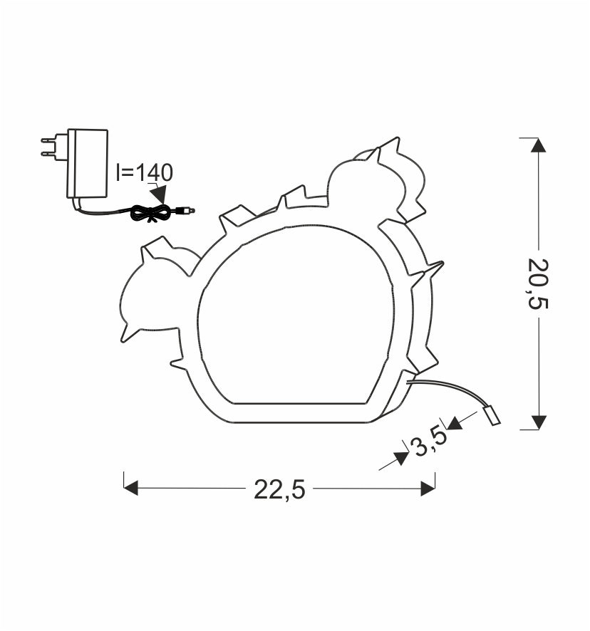 Schéma de dimensions du luminaire avec adaptateur secteur et câble d'alimentation.