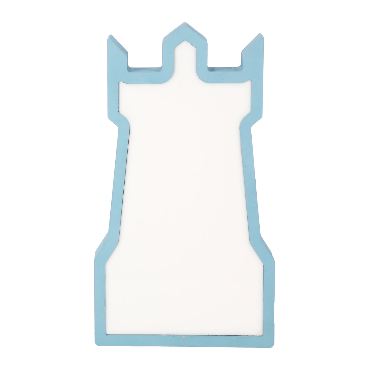 Lampe à poser pour enfant en forme de tour, contour bleu et diffuseur blanc.