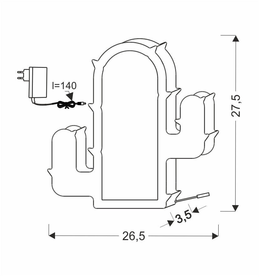 Schéma coté du luminaire, largeur 26,5 cm, hauteur 27,5 cm, câble d'alimentation.