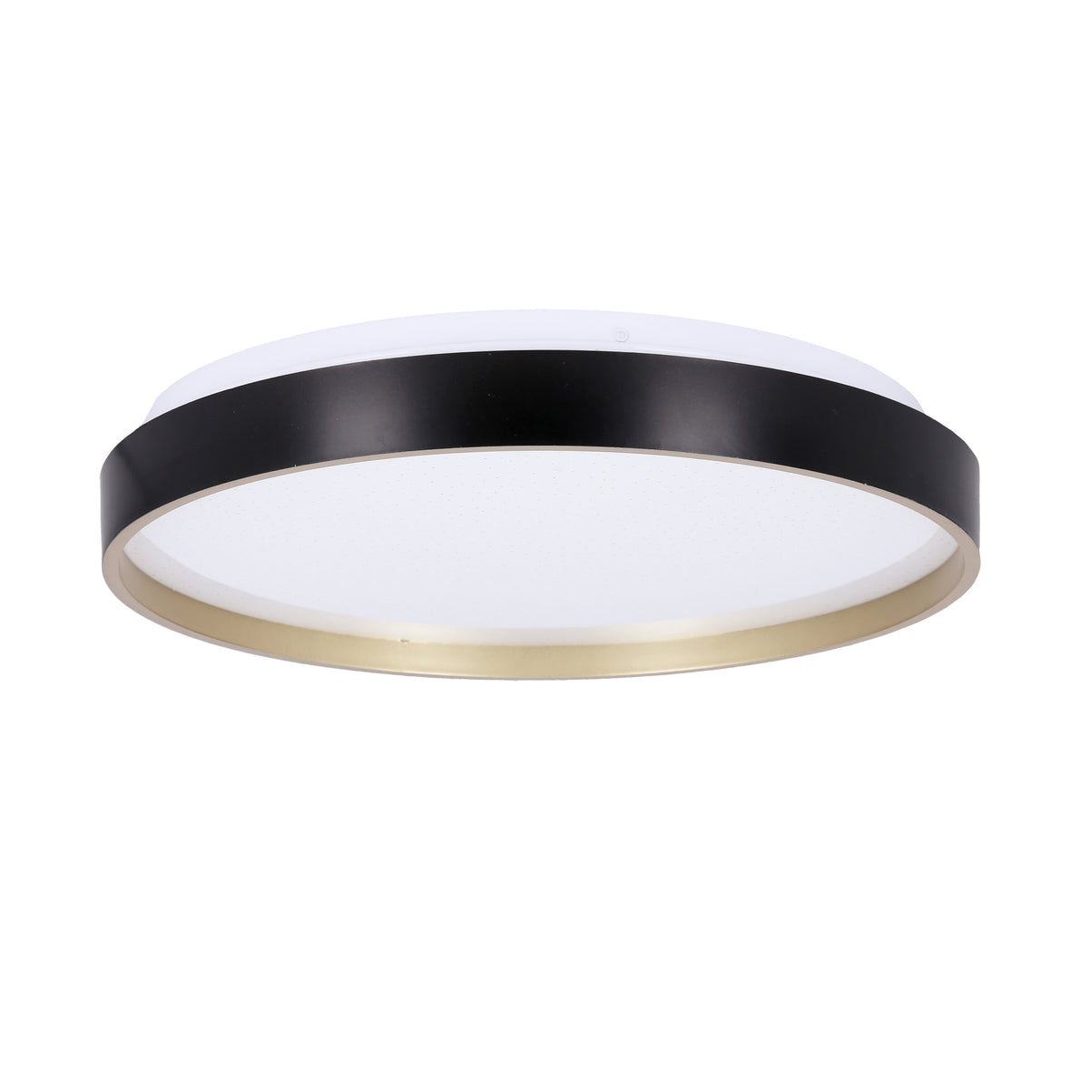 Vue de profil du luminaire, anneau noir épais sur base blanche
