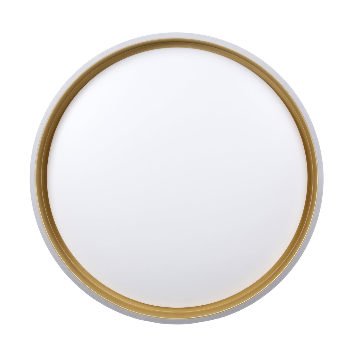 Vue de face du plafonnier rond avec diffuseur blanc et liseré doré.