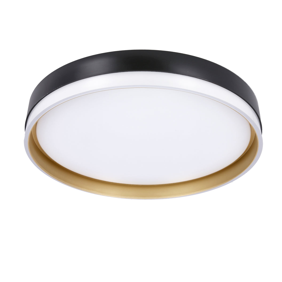 Vue en perspective du plafonnier montrant boîtier noir, diffuseur blanc et bague dorée.