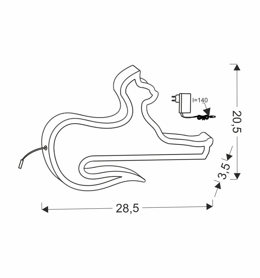 Schéma coté de la lampe chat : largeur 28,5 cm, hauteur 20,5 cm, adaptateur secteur.