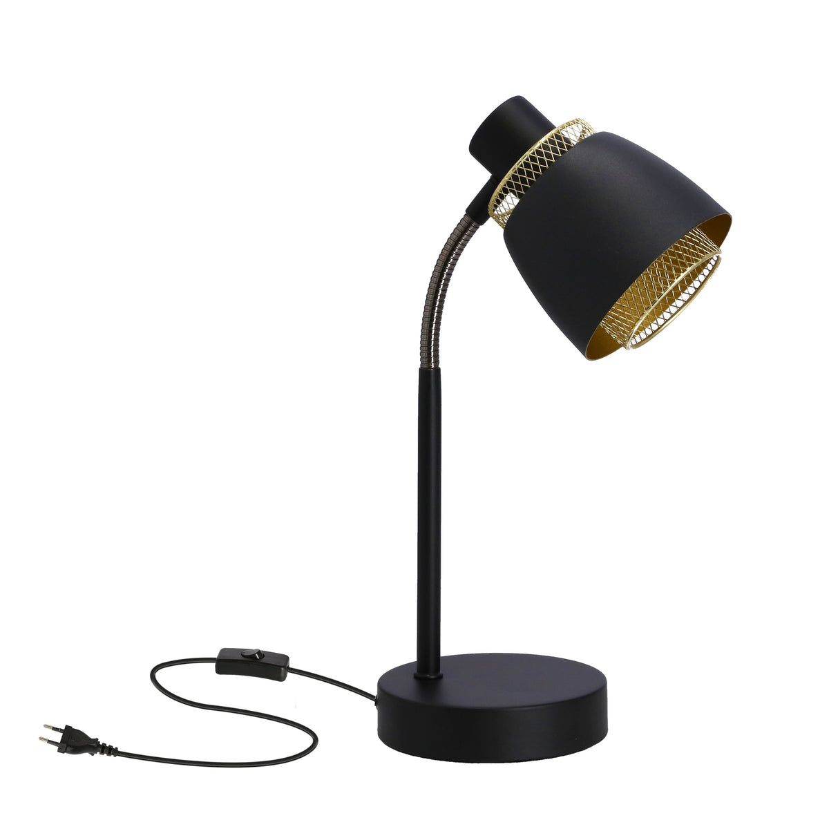 Lampe à poser noire de face sur fond blanc, abat-jour doré ajouré
