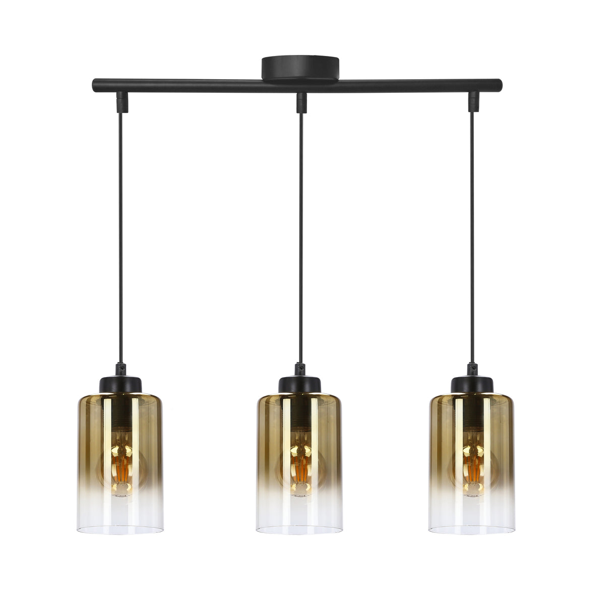 Suspension trois lumières, verre cylindrique ambré dégradé et structure noire vue de face