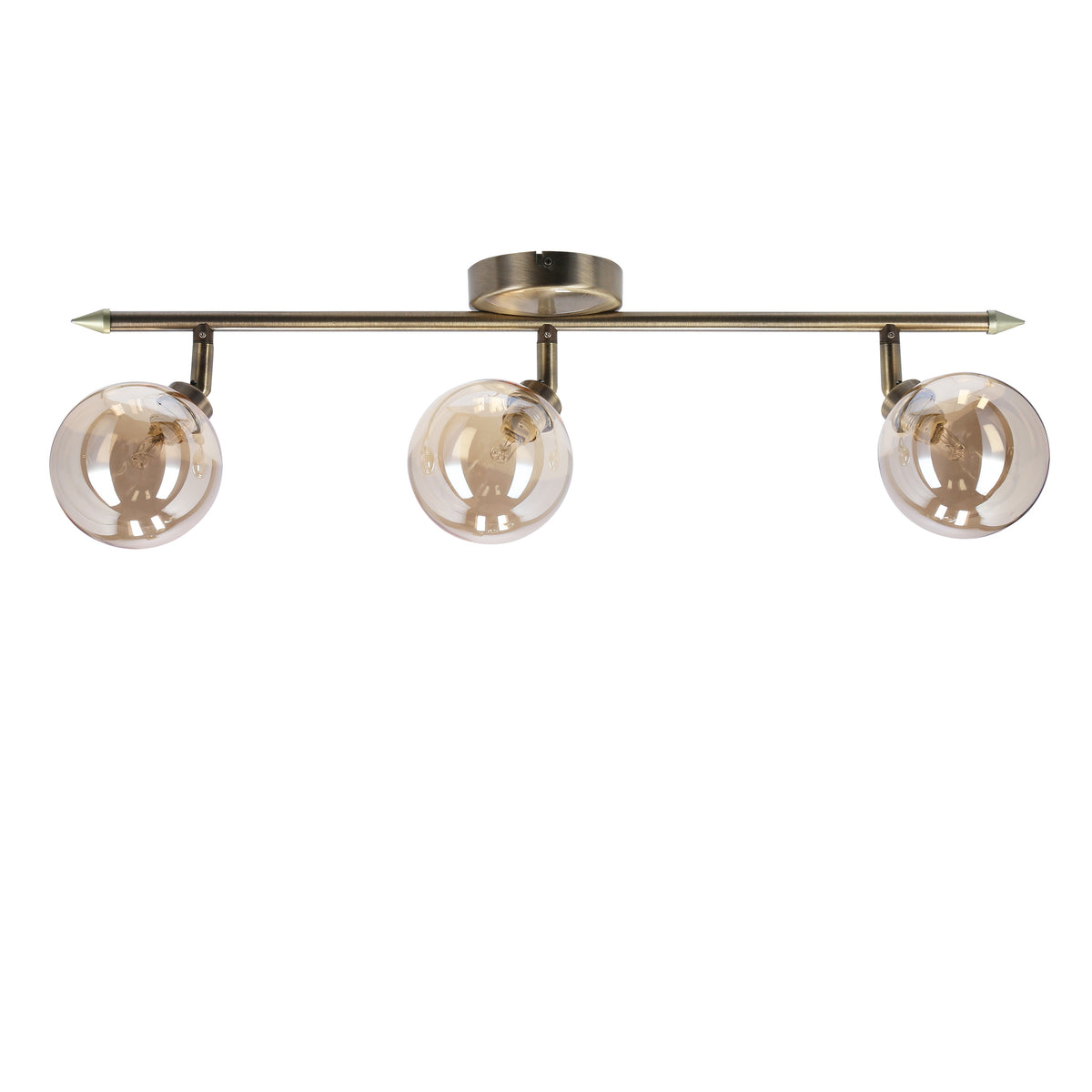 Plafonnier trois lumières vu de face, barre laiton et globes de verre ambré
